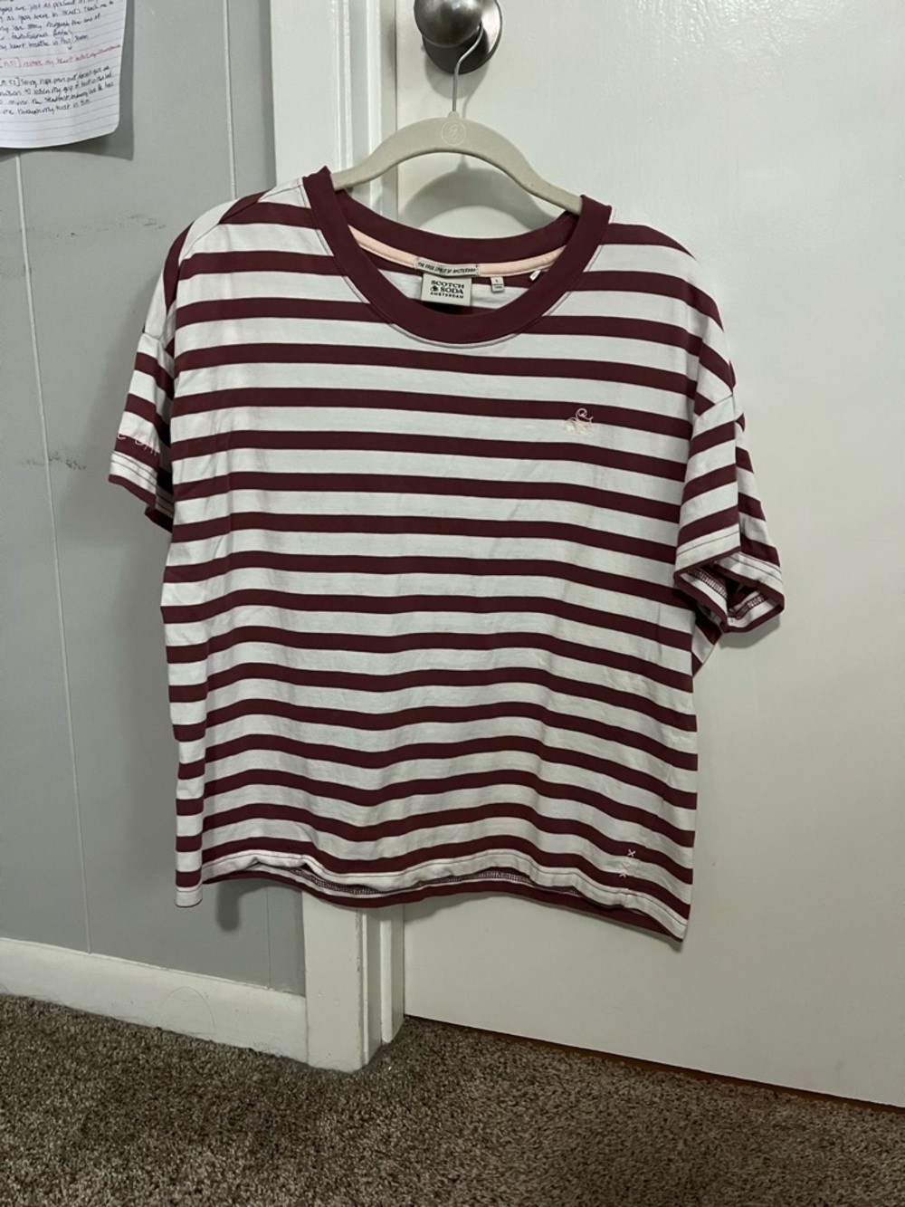 Striped Crew Neck T-Shirt - White & Burgundy